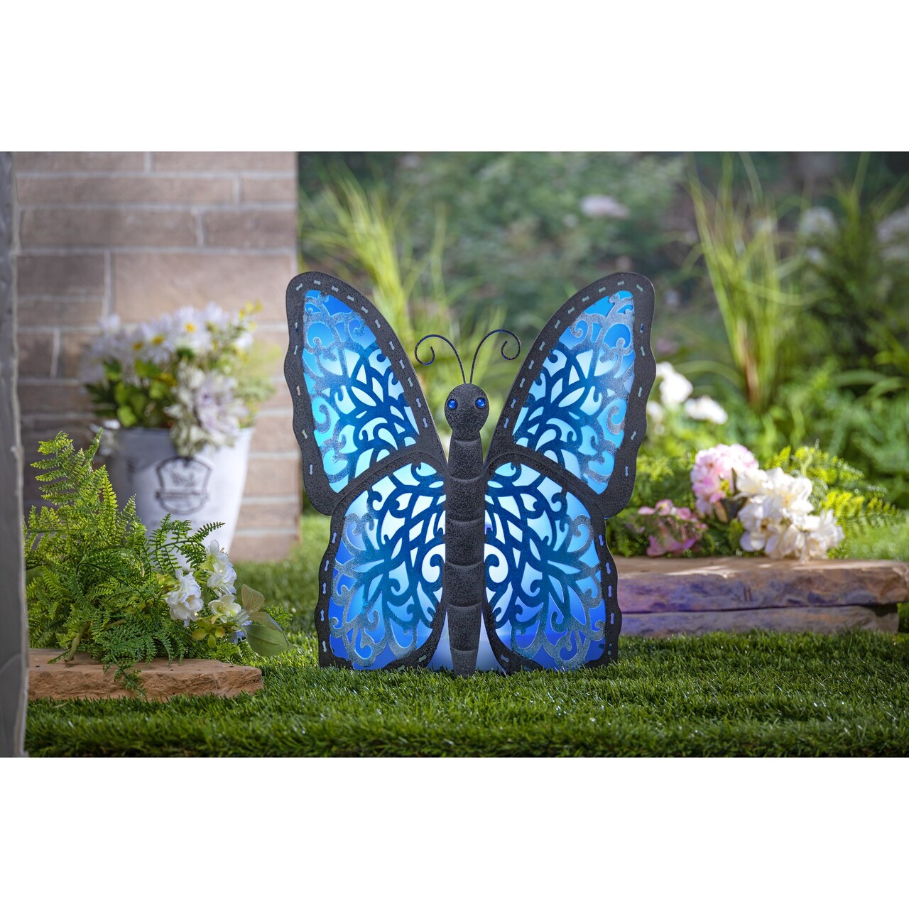 Contemporary Home Living LED Lighted Solar Powered Butterfly - 15.5" - Gray and Blue